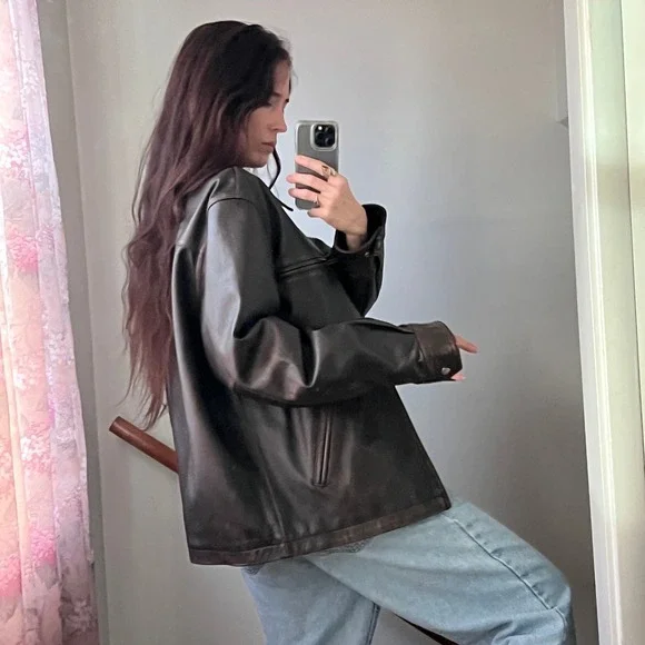 Vintage Brown Leather Bomber Jacket Faded Distressed Oversized Full Zip